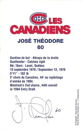 1998-99 Montreal Canadiens #NNO Jose Theodore Back