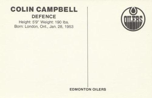 1979-80 Edmonton Oilers Postcards #NNO Colin Campbell Back