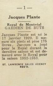 1952-53 St. Lawrence Sales (QSHL) #1 Jacques Plante Back