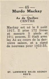 1952-53 St. Lawrence Sales (QSHL) #45 Murdo MacKay Back
