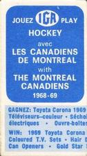 1968-69 Montreal Canadiens IGA Series 1 #NNO Gump Worsley Back