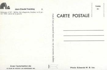 1976-77 Quebec Nordiques (WHA) Postcards #NNO Jean-Claude Tremblay Back