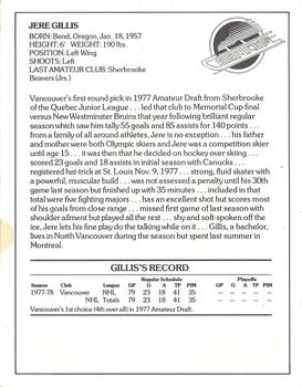 1978-79 Royal Bank Vancouver Canucks #NNO Jere Gillis Back