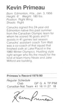 1980-81 Silverwood Dairy Vancouver Canucks #19 Kevin Primeau Back