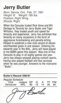 1981-82 Silverwood Dairy Vancouver Canucks #NNO Jerry Butler Back