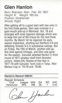 1981-82 Silverwood Dairy Vancouver Canucks #NNO Glen Hanlon Back