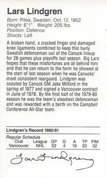 1981-82 Silverwood Dairy Vancouver Canucks #NNO Lars Lindgren Back