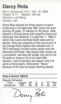 1981-82 Silverwood Dairy Vancouver Canucks #NNO Darcy Rota Back