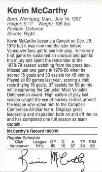 1981-82 Silverwood Dairy Vancouver Canucks #NNO Kevin McCarthy Back
