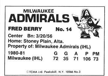 1981-82 TCMA Milwaukee Admirals (IHL) #3 Fred Berry Back