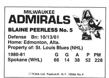 1981-82 TCMA Milwaukee Admirals (IHL) #4 Blaine Peerless Back