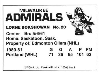 1981-82 TCMA Milwaukee Admirals (IHL) #9 Lorne Bokshowan Back