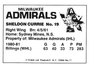 1981-82 TCMA Milwaukee Admirals (IHL) #11 Sheldon Currie Back