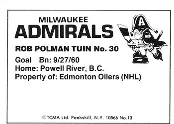 1981-82 TCMA Milwaukee Admirals (IHL) #13 Rob Polman-Tuin Back