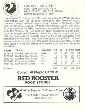 1982-83 Red Rooster Edmonton Oilers #NNO Garry Lariviere Back