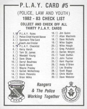 1982-83 Kitchener Rangers (OHL) Police #5 Checklist Back