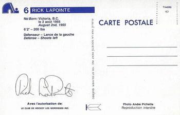 1983-84 Quebec Nordiques Postcards #NNO Rick Lapointe Back