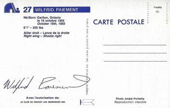 1983-84 Quebec Nordiques Postcards #NNO Wilf Paiement Back