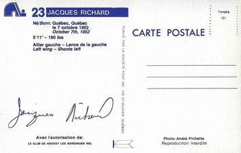 1983-84 Quebec Nordiques Postcards #NNO Jacques Richard Back