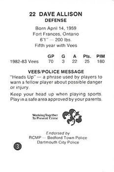 1983-84 Nova Scotia Voyageurs (AHL) Police #3 Dave Allison Back