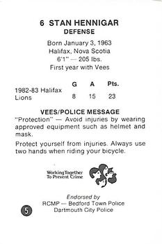 1983-84 Nova Scotia Voyageurs (AHL) Police #5 Stan Hennigar Back