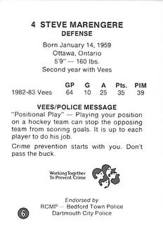1983-84 Nova Scotia Voyageurs (AHL) Police #6 Steve Marengere Back