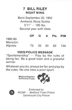 1983-84 Nova Scotia Voyageurs (AHL) Police #9 Bill Riley Back