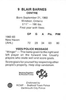 1983-84 Nova Scotia Voyageurs (AHL) Police #13 Blair Barnes Back