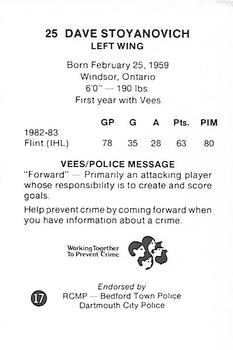 1983-84 Nova Scotia Voyageurs (AHL) Police #17 Dave Stoyanovich Back