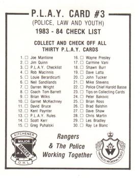 1983-84 Kitchener Rangers (OHL) Police #3 Kitchener Rangers Checklist Back