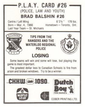 1983-84 Kitchener Rangers (OHL) Police #26 Brad Balshin Back