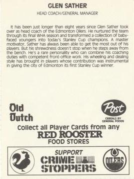 1984-85 Red Rooster Edmonton Oilers #NNO Glen Sather Back