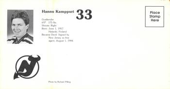 1984-85 New Jersey Devils Postcards #NNO Hannu Kamppuri Back