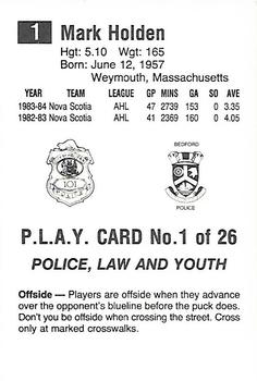 1984-85 Nova Scotia Oilers (AHL) Police #1 Mark Holden Back