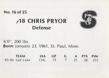 1984-85 Springfield Indians (AHL) #16 Chris Pryor Back