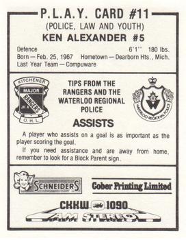 1984-85 Kitchener Rangers (OHL) Police #11 Ken Alexander Back