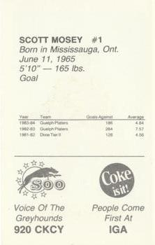 1984-85 Sault Ste. Marie Greyhounds (OHL) #NNO Scott Mosey Back