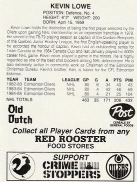 1985-86 Red Rooster Edmonton Oilers #NNO Kevin Lowe Back