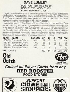 1985-86 Red Rooster Edmonton Oilers #NNO Dave Lumley Back