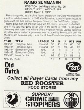 1985-86 Red Rooster Edmonton Oilers #NNO Raimo Summanen Back