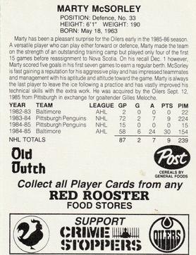 1985-86 Red Rooster Edmonton Oilers #NNO Marty McSorley Back