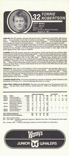 1985-86 Junior Whalers/Wendy's Hartford Whalers #NNO Torrie Robertson Back