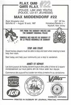 1985-86 Sudbury Wolves (OHL) Police #22 Max Middendorf Back
