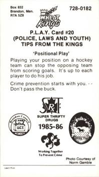 1985-86 Brandon Wheat Kings (WHL) Police #20 Jason Phillips Back