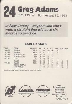 1986-87 New Jersey Devils Police #1 Greg Adams Back