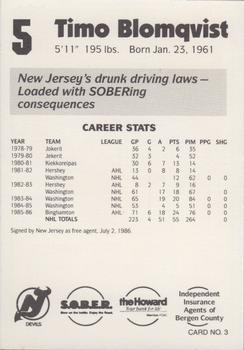 1986-87 New Jersey Devils Police #3 Timo Blomqvist Back