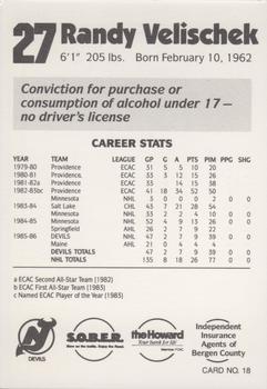 1986-87 New Jersey Devils Police #18 Randy Velischek Back