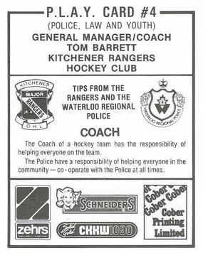 1986-87 Kitchener Rangers (OHL) Police #4 Tom Barrett Back
