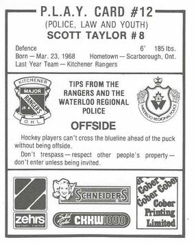 1986-87 Kitchener Rangers (OHL) Police #12 Scott Taylor Back