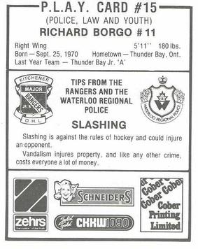 1986-87 Kitchener Rangers (OHL) Police #15 Richard Borgo Back